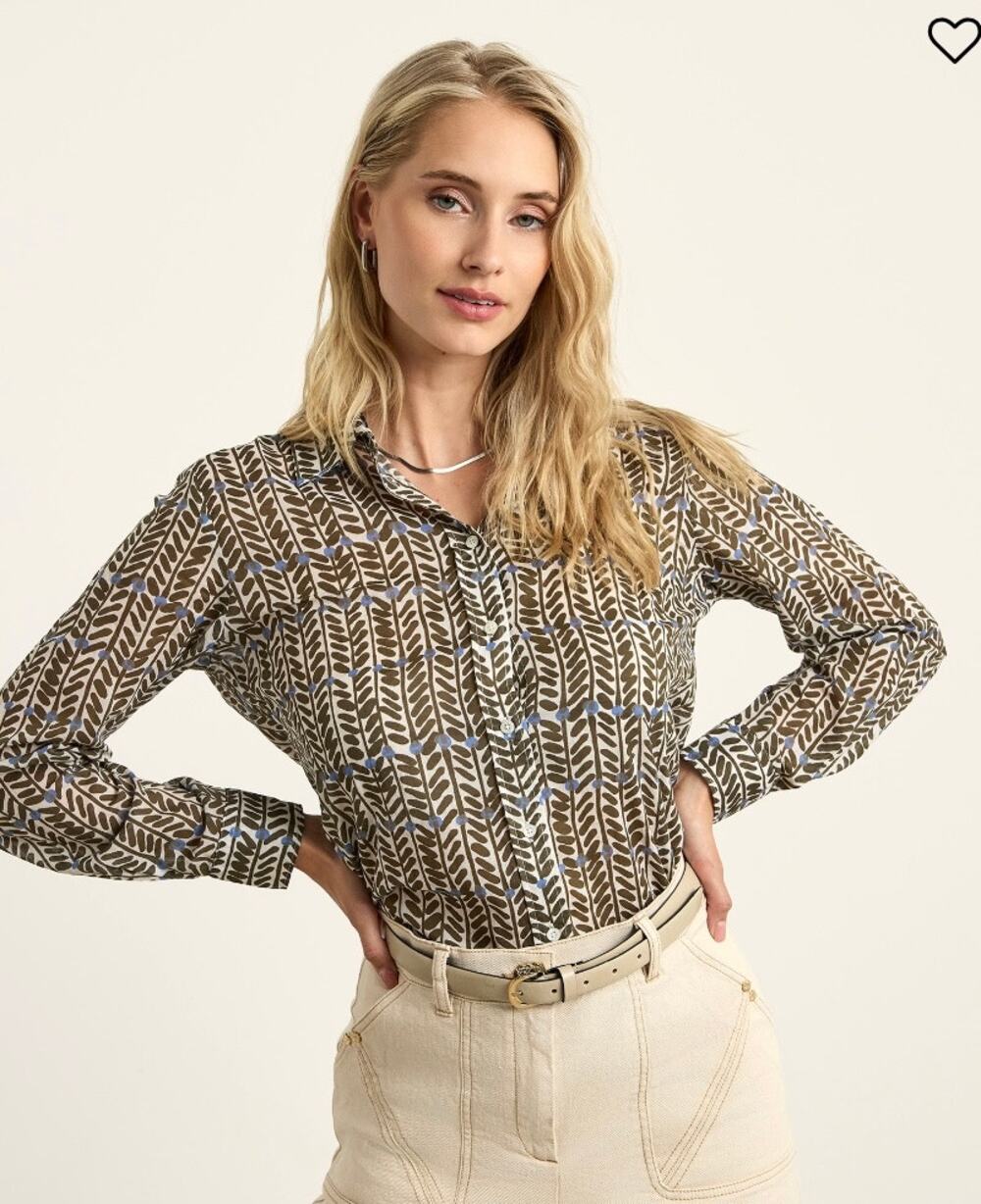 Hartford Coraz 100% Cotton Leaf Print Button-Up Shirt White Olive Blue Size 1